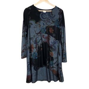 Chicos Womens Tunic Top 1 Medium Black Blue Floral Lagenlook Boho Chic Academia